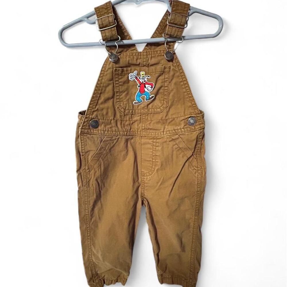 Custom 12 month patched tan goofy overalls for baby boy or girl.
